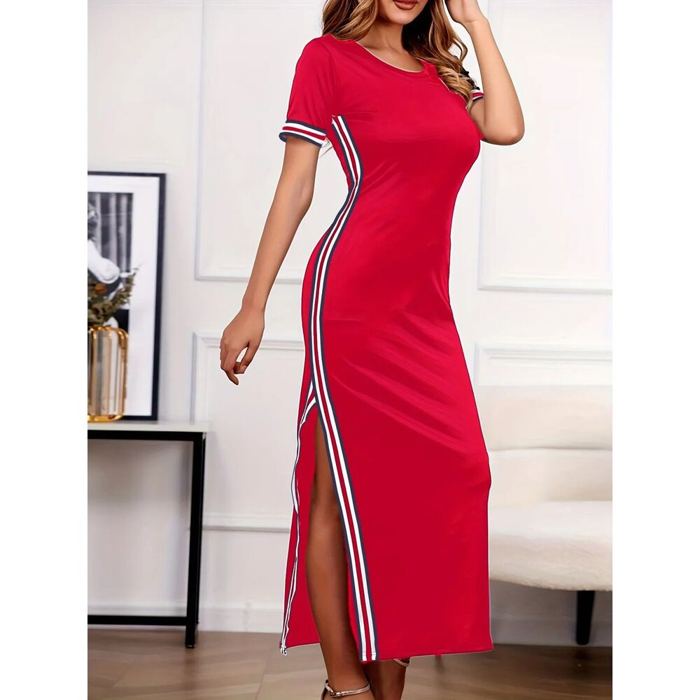 PHILLY'S TREASURE WOMEN RED ROUND NECK SHORT SLEEVE DRESS